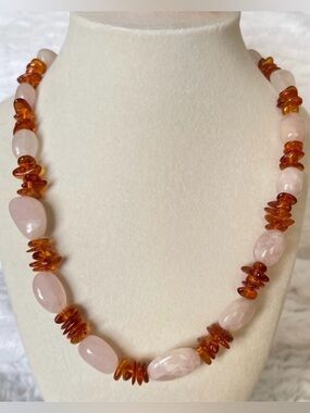 Handcrafted Rose Quartz & Amber Chip Necklace Natural Stone Statement